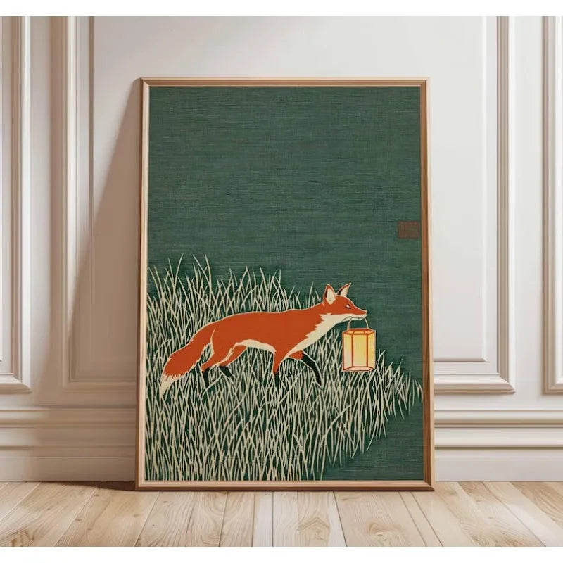 Fox Art Print, Japanese Style Animal Poster, Minimalist Nature Wall Art, Modern Woodland Illustration, Rustic Green Home Deco Peaceful Pleasures Health and Wellness
