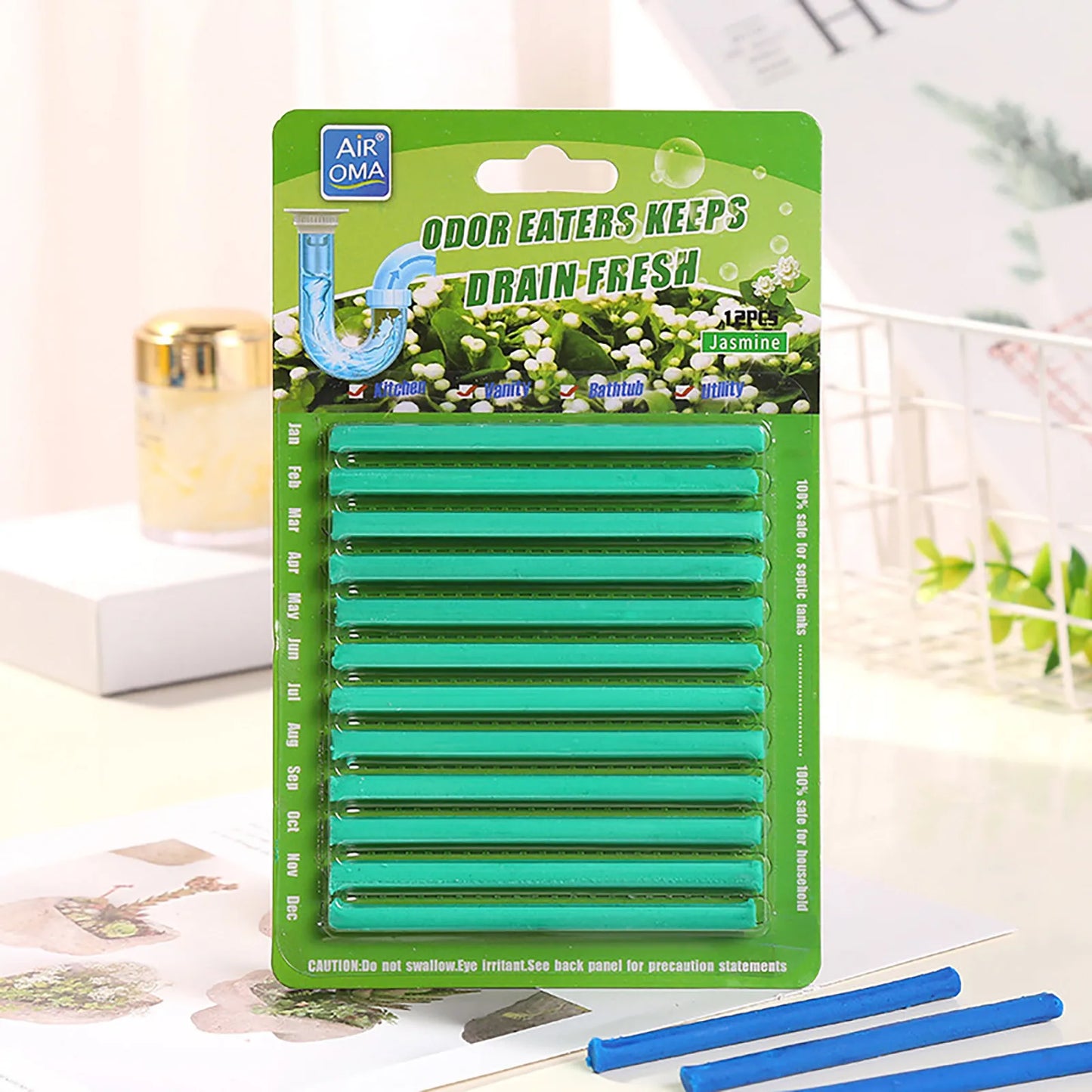 12Pc Solid Sani Sticks Oil Decontamination Kitchen Toilet Bathtub Cleaner Sewer Pipe Odor Clog Cleaning Rod Cleaning Tools Peaceful Pleasures Health and Wellness Green