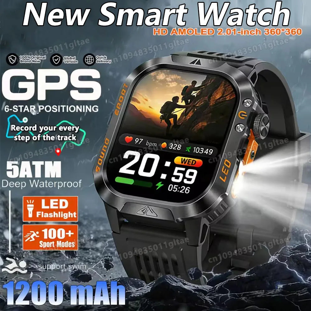 Military Outdoor Smart Watch Men’s GPS Tracking Flashlight Bluetooth Call 2.01" AMOLED Screen 5ATM Waterproof Sports Smartwatch Peaceful Pleasures Health and Wellness