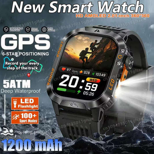 Military Outdoor Smart Watch Men’s GPS Tracking Flashlight Bluetooth Call 2.01" AMOLED Screen 5ATM Waterproof Sports Smartwatch Peaceful Pleasures Health and Wellness