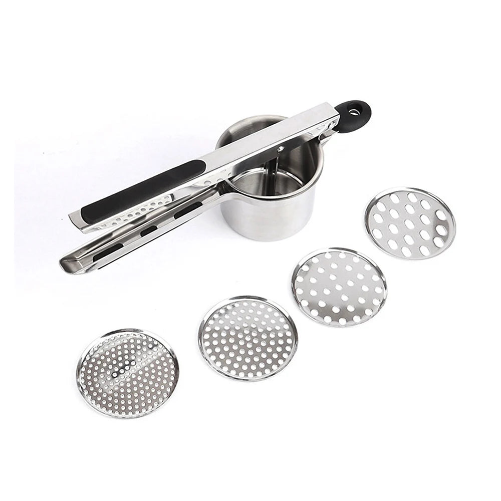 Stainless Steel Potato Masher Manual Press French Fries Cutter Dispenser Crusher Making Squeezer With 3/4 Interchangeable Discs Peaceful Pleasures Health and Wellness B-4 networks
