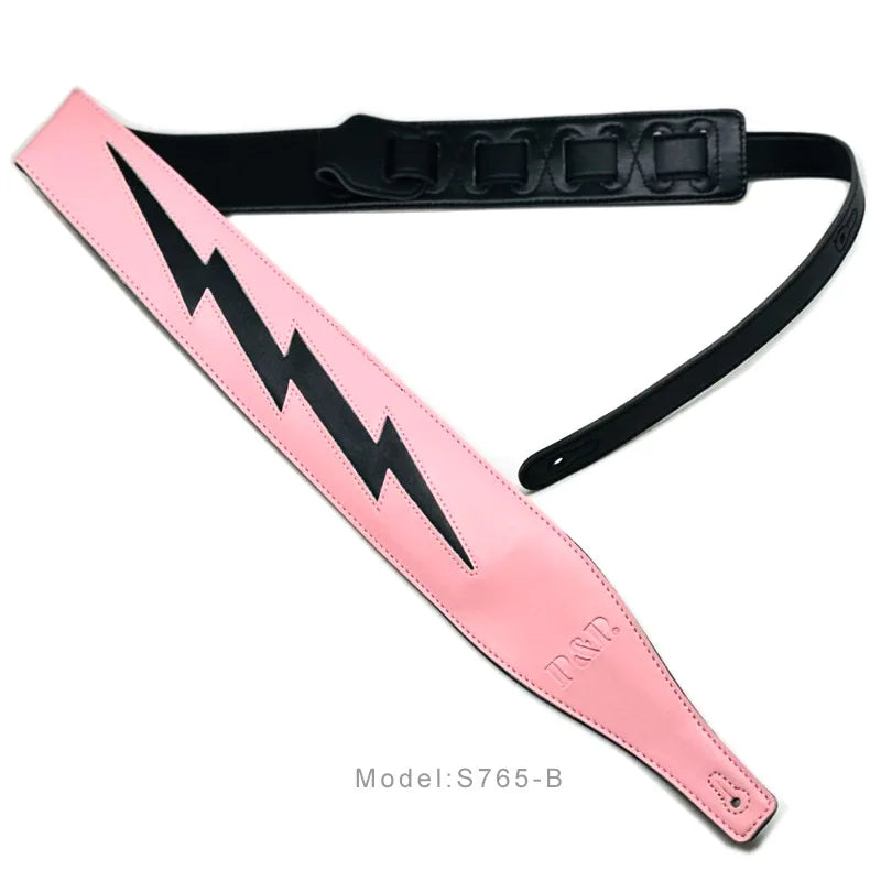 PP Guitar Strap Leather Shoulder Pads Lightning Cowhide Brown White