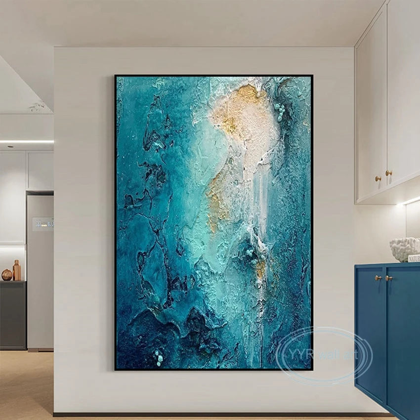 Custom Blue Abstract Wall Art Canvas Posters, Large Texture Mural, Handmade Oil Painting, Living Room, Bedroom, Porch, Home Deco Peaceful Pleasures Health and Wellness