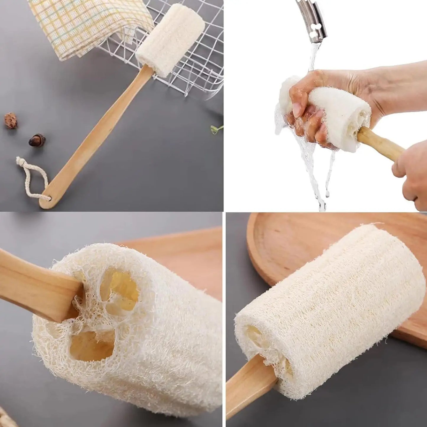 Loofah Back Brush with Long Wooden Handle – Body Scrubber