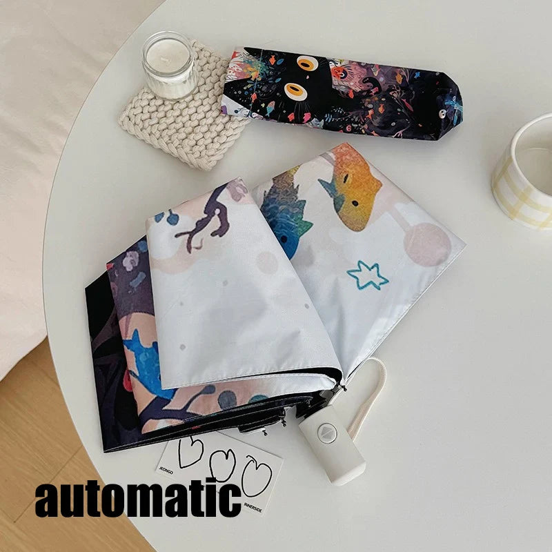 Cute Cat & Fish Folding Umbrella – UV & Rain Protection