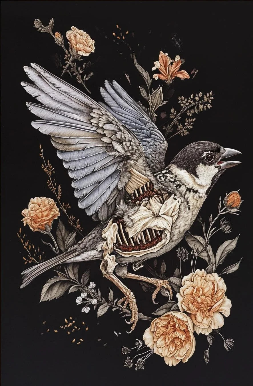Horrible Floral Skeleton Animal Poster Gothic Bat Owl Rabbit Fox Canvas Painting Occult Wall Art Dark Academia Room Home Decor Peaceful Pleasures Health and Wellness