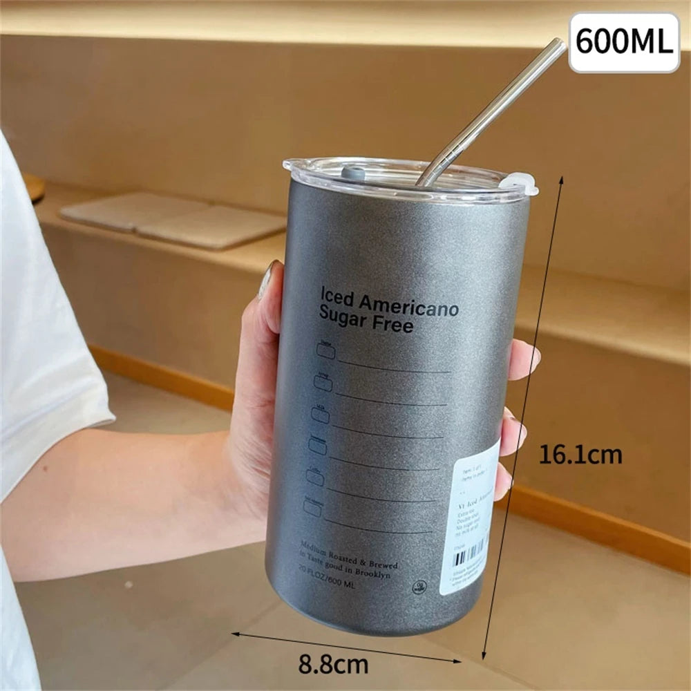 600ml Insulated Stainless Steel Thermos Cup with Straw Insulated Thermos Cup Peaceful Pleasures Health and Wellness Light Grey 600ml