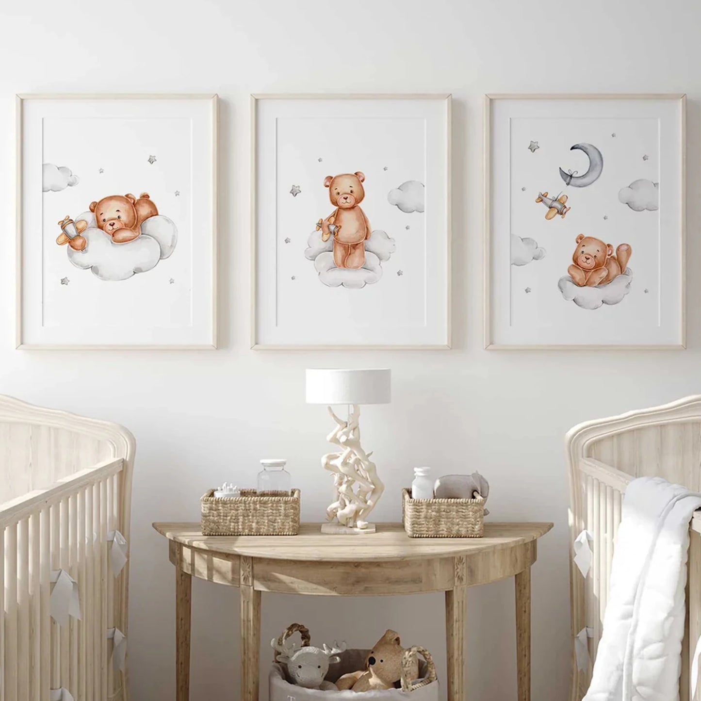 3-Piece Cartoon Bear Airplane Canvas Wall Art | Kids Room Decor