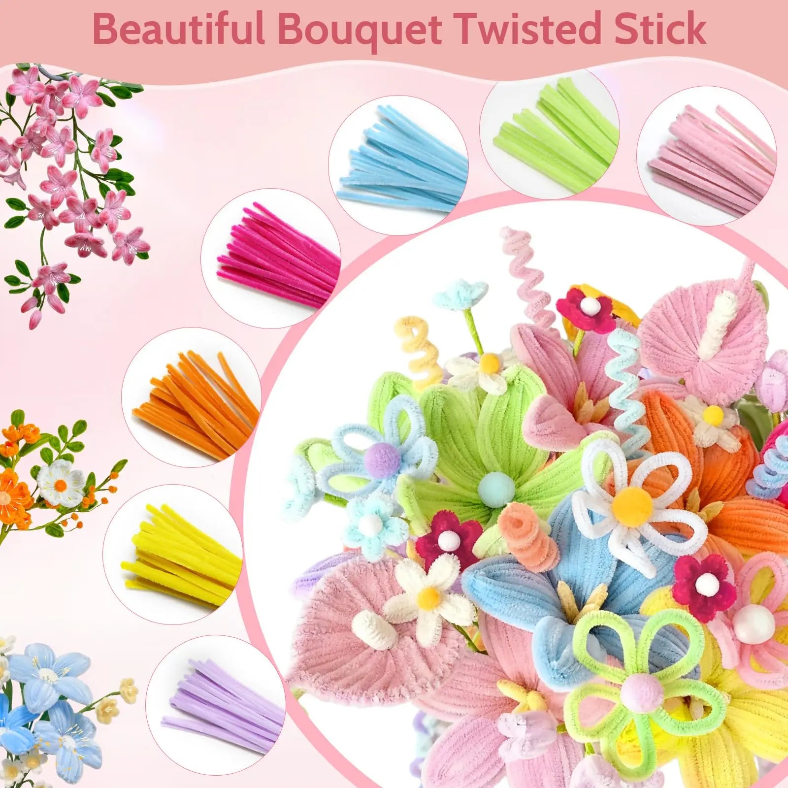 630PCS Pipe Cleaners Craft,Pipe Cleaners Flowers Kit with Handle,20 Colors Chenille Stems with Instruction,Art and Craft Supplie Peaceful Pleasures Health and Wellness