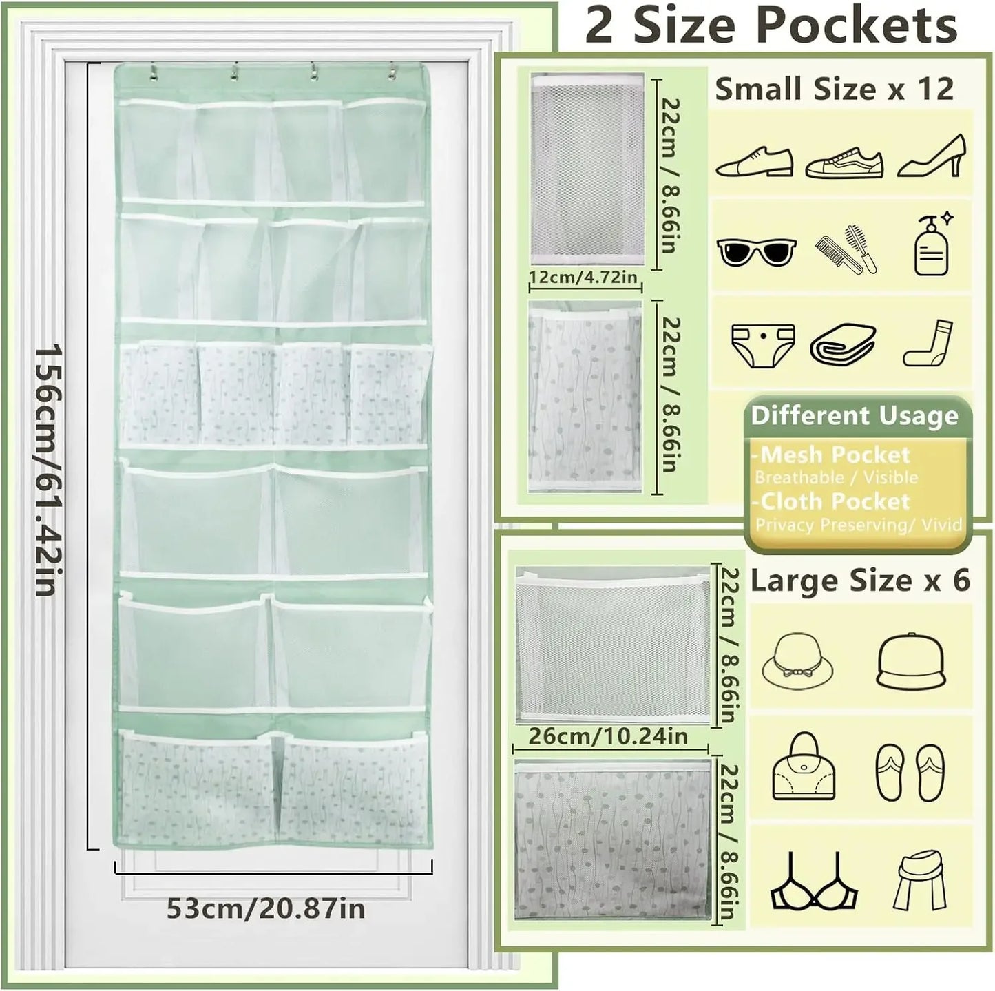 18-Pocket Over-the-Door Organizer with 4 Pocket Types, Green Hanging Storage for Shoes, Socks, and More Peaceful Pleasures Health and Wellness