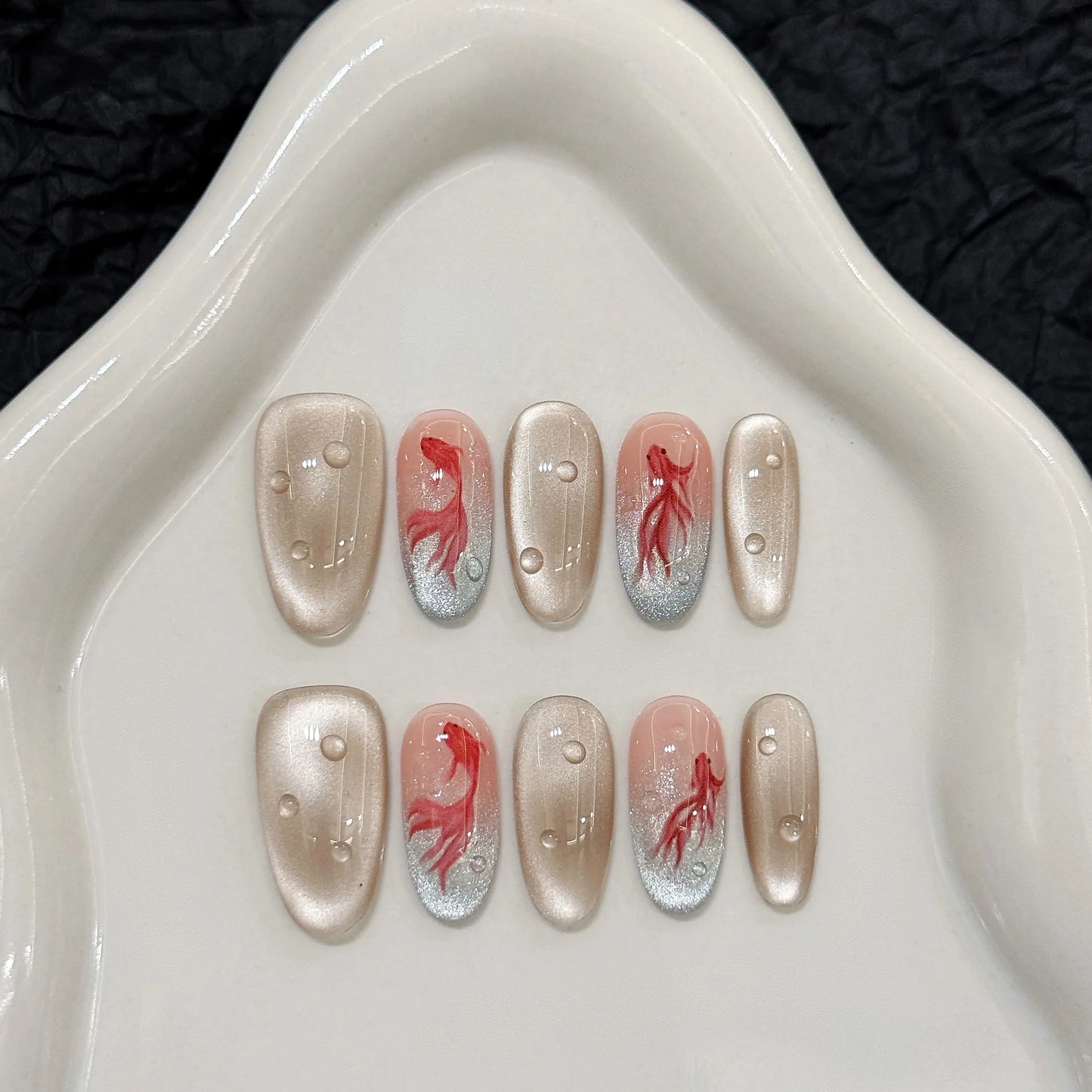 10pcs Handmade Cat Eye Press on Nails Good Luck Goldfish Print Fake Nails Tips for Women Girl Wearable Chinese Style False Nails Peaceful Pleasures Health and Wellness L 1