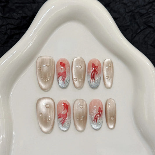 10pcs Handmade Cat Eye Press on Nails Good Luck Goldfish Print Fake Nails Tips for Women Girl Wearable Chinese Style False Nails Peaceful Pleasures Health and Wellness L 1
