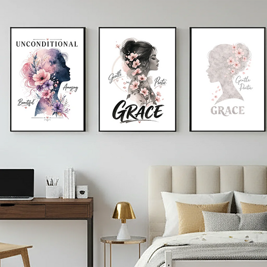 Nordic Woman Silhouette Floral Canvas Wall Art | Bedroom Poster Canvas Wall Art Peaceful Pleasures Health and Wellness