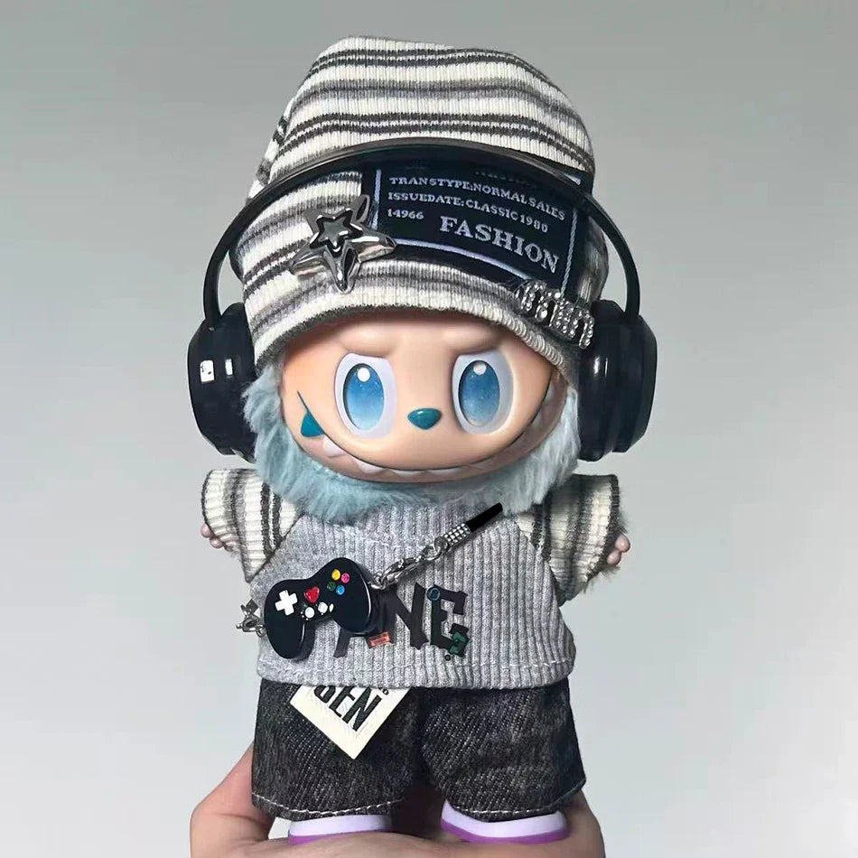 Labubu 15–17cm Korean Grey Star Hat Cloth Outfit Set