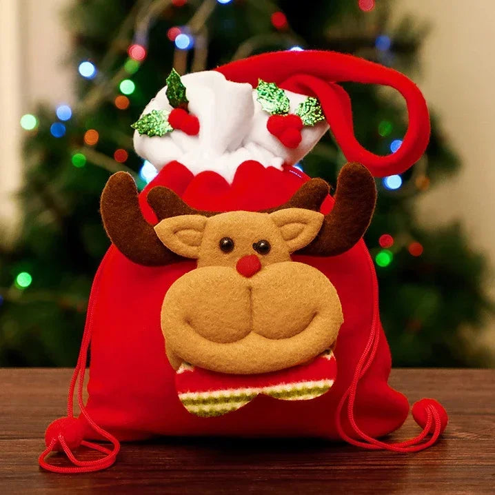 Christmas Gift Bags Santa Snowman Moose Drawstring Goodie Bags