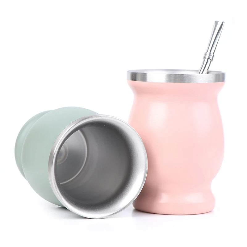 Stainless Steel Yerba Mate Gourd 8oz Cup with Bombilla Straws