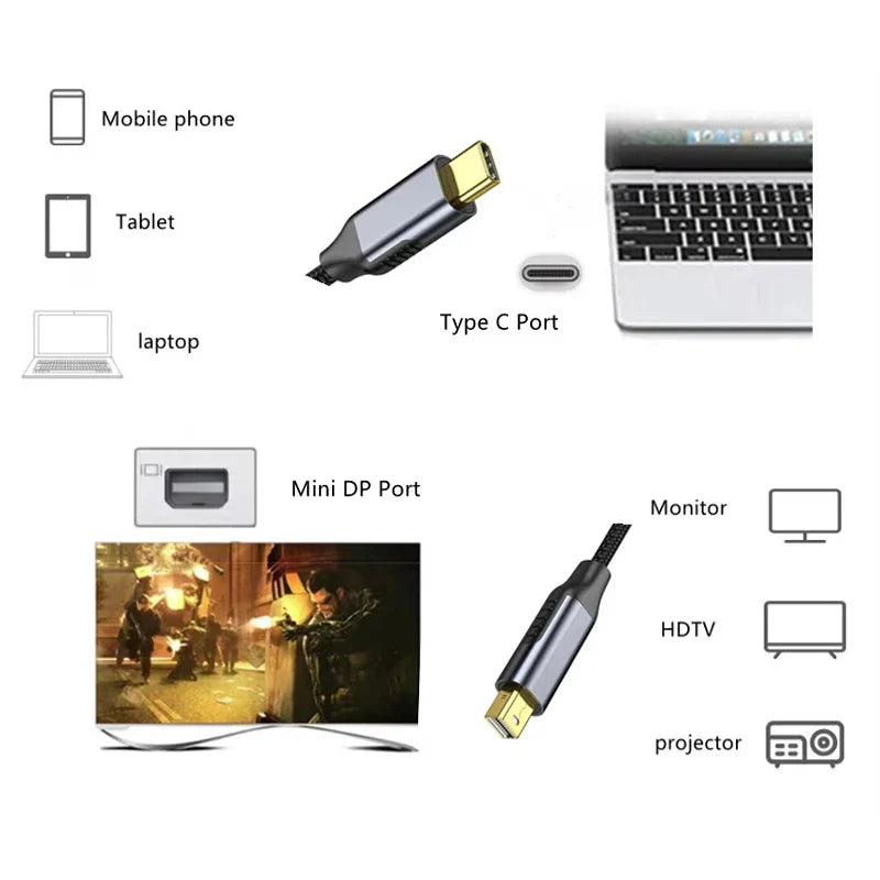 USB-C to Mini DisplayPort Cable 4K@60Hz – Gold Connector
