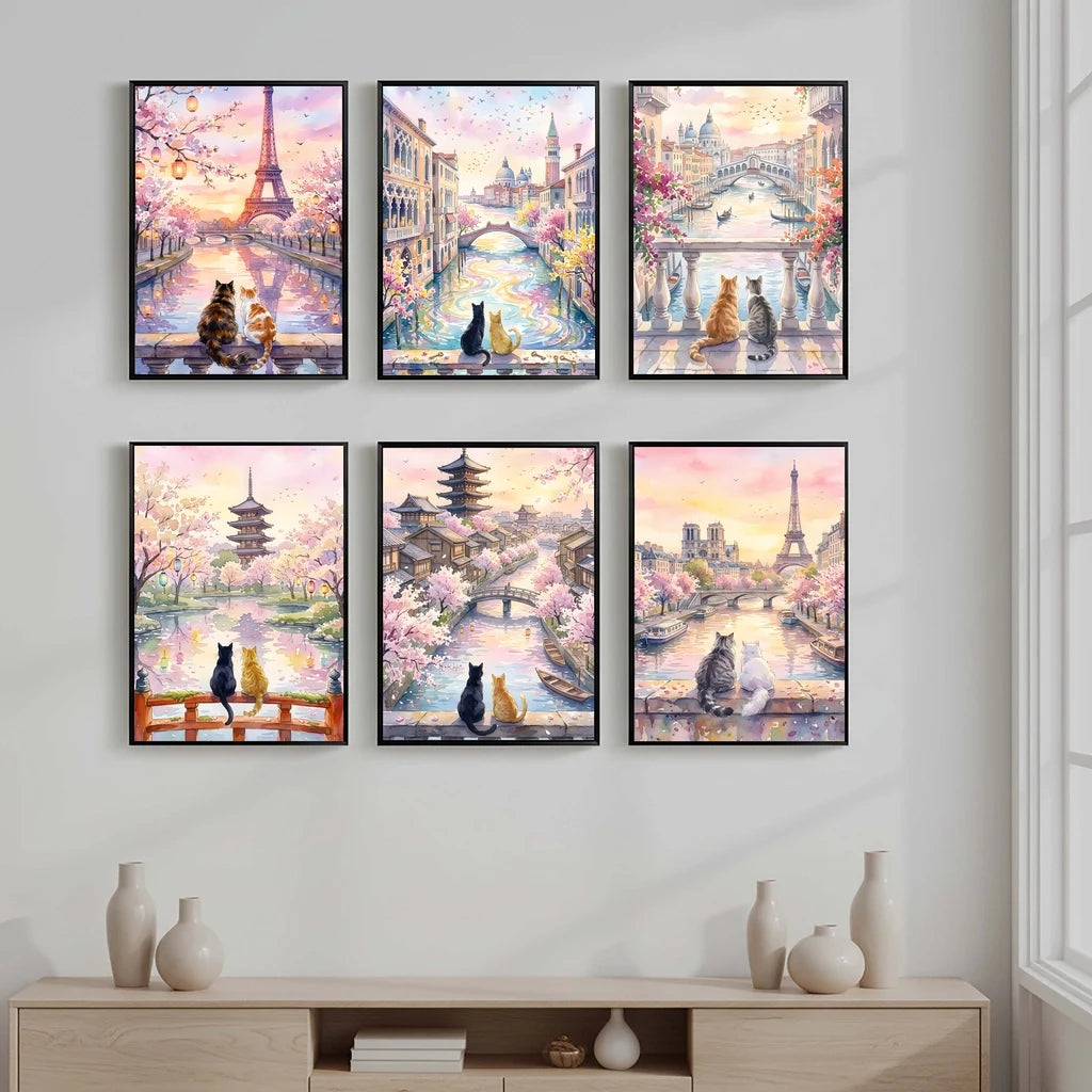 Landscape Wall Art Stunning Romantic Cat Couple Canvas Painting Nordic Style Poster Prints Bedroom Living Room Wall Decor Peaceful Pleasures Health and Wellness