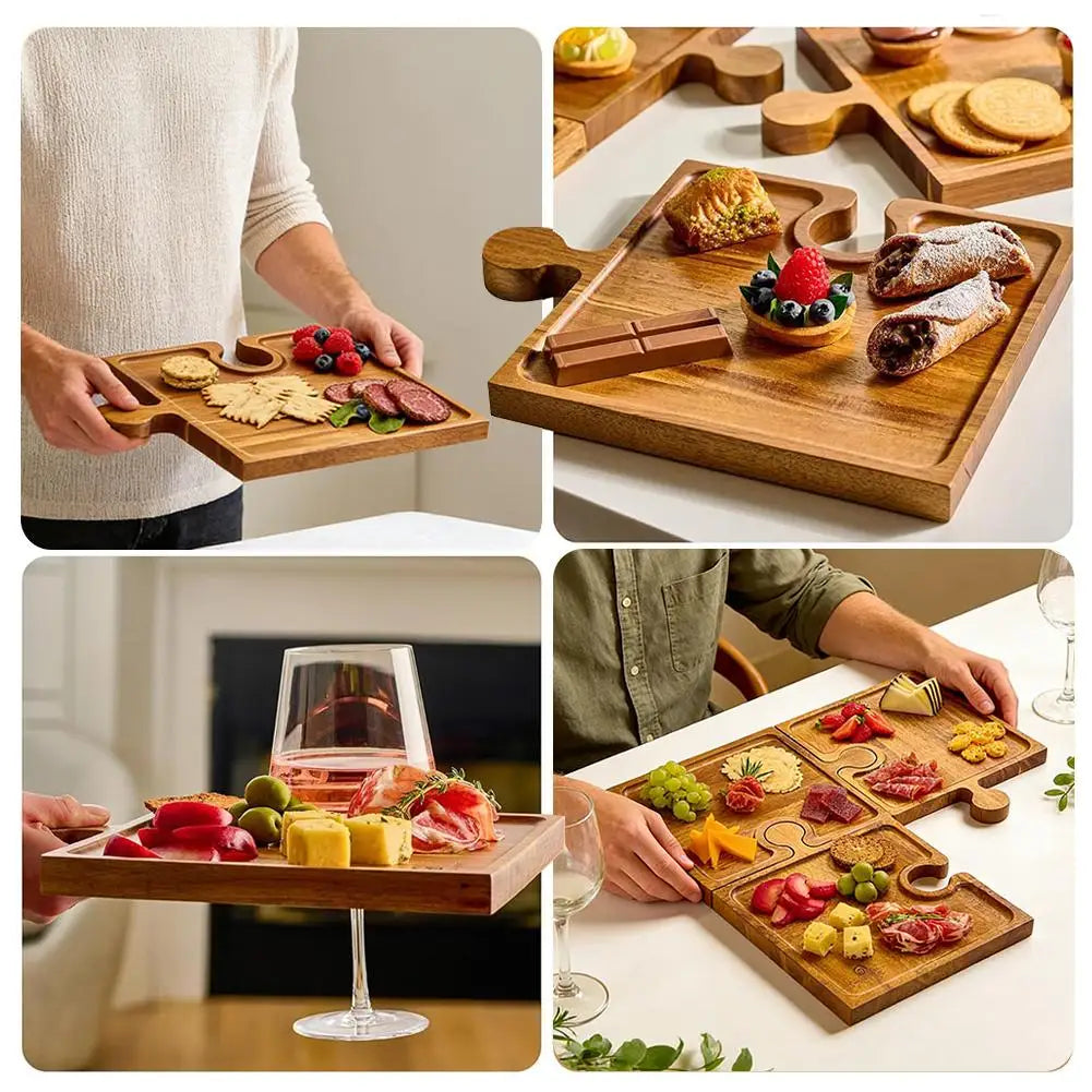 4-Piece Interlocking Wooden Serving Tray Set | Puzzle Design