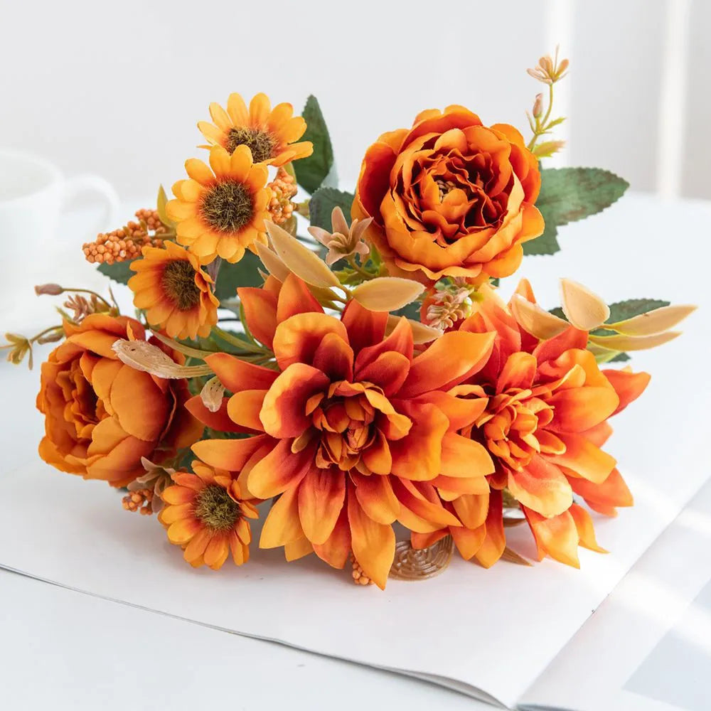 Silk Artificial Dahlia Rose Daisy Bouquet | Wedding & Party Decor