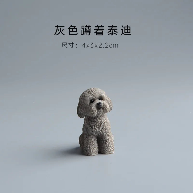 Simulation Poodle Dog Figures Puppy Model Resin Crafts Mini Animal Ornament Miniature Figurine Kawaii Dog Action Figures decor Peaceful Pleasures Health and Wellness Grey dog Squatting