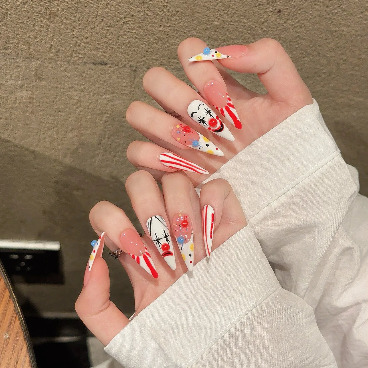 Handmade Press on Nails French Long Almond Fake Nails for Women Wearable European Clown Pattern Ins Stripe False Nail Patches Peaceful Pleasures Health and Wellness