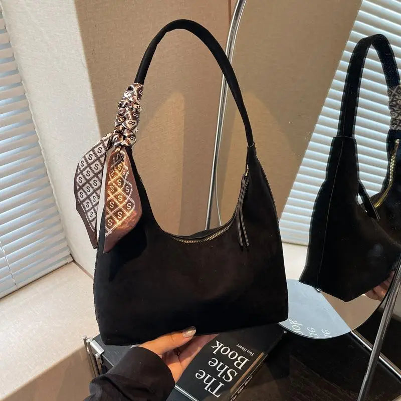 Retro PU Leather Hobo Shoulder Bag with Silk Scarf | Women
