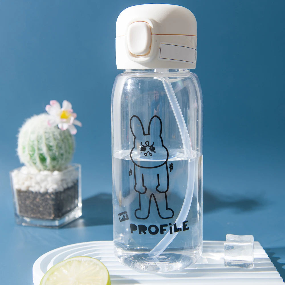 520-600ML Transparent Creative Printed Plastic Water Bottle Bouncing Straw Sports Cup Outdoor Travel Portable Water Bottle Regal Peaceful Pleasures Health and Wellness Angry Rabbit 501-600ml