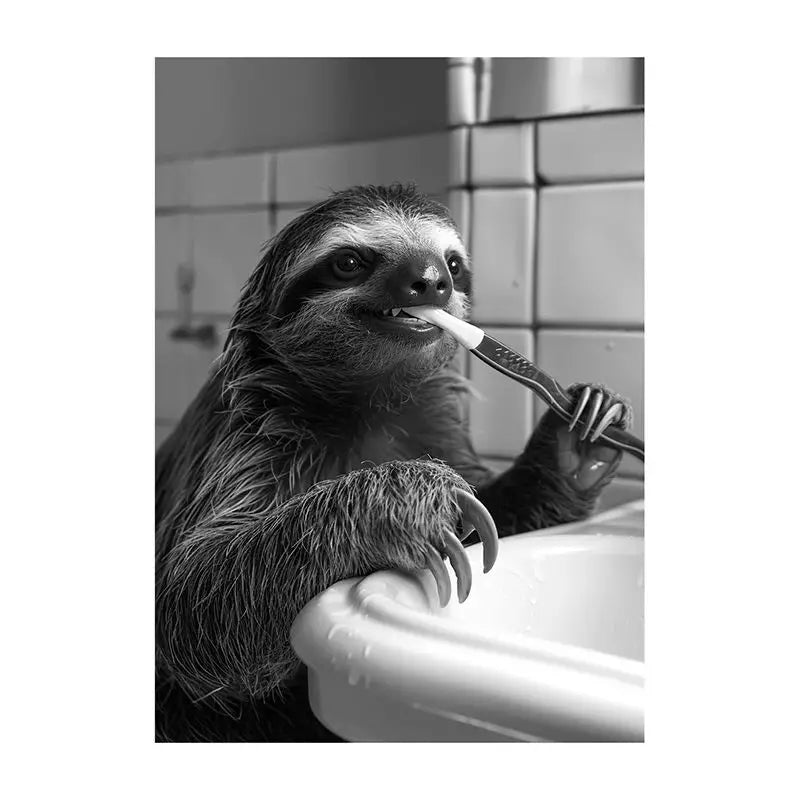 Funny Bathroom Animal Canvas Wall Art | Vintage Brushing Teeth