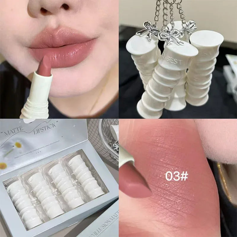 QIBEST 4 Colors Velet Matte Lipstick Makeup Sets Soft Mist Light Color Colorful Lip Stain Lasting Shiny Lipstick Cosmetics Kits Peaceful Pleasures Health and Wellness