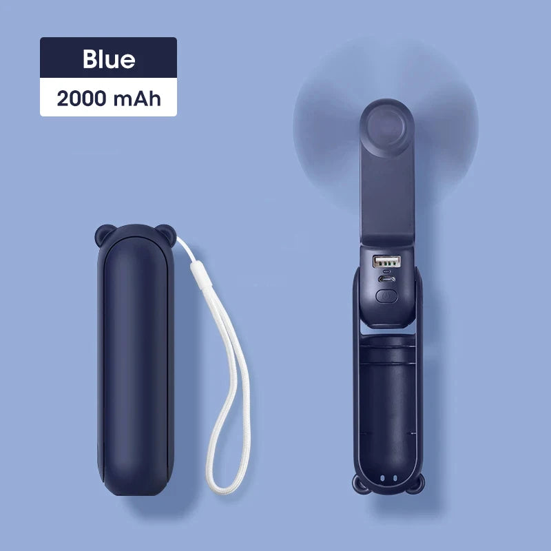 Portable Handheld Fan Mini Electric Fans USB 2000mAh Recharge Hand Held Small Pocket Fan with Power Bank Long Battery Life Peaceful Pleasures Health and Wellness 2000mAh Blue