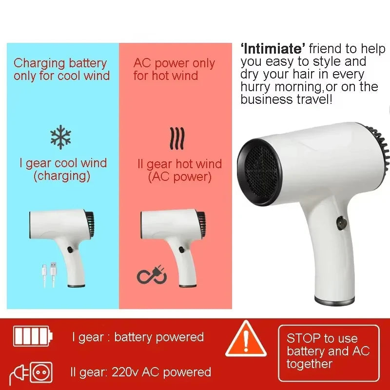 Cordless Ionic Hair Dryer USB Rechargeable 2600mAh Travel Blow Dryer