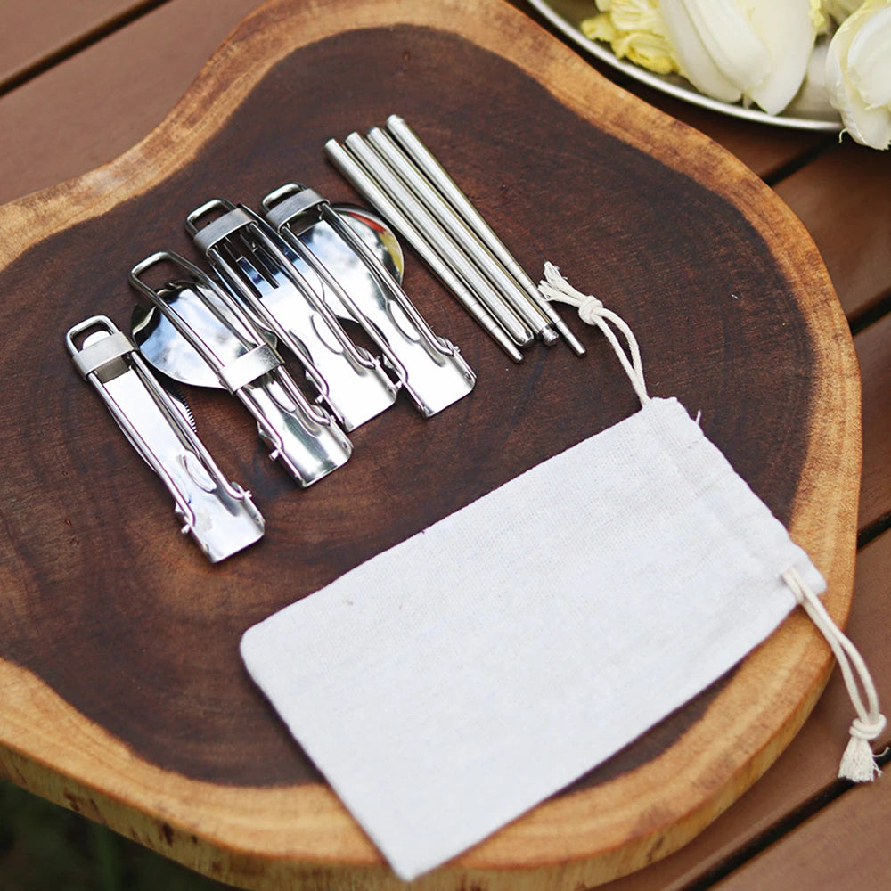Portable 304 stainless steel folding tableware salad spoon fork chopstick set for Outdoor Camping Hiking Picnics Travel Peaceful Pleasures Health and Wellness