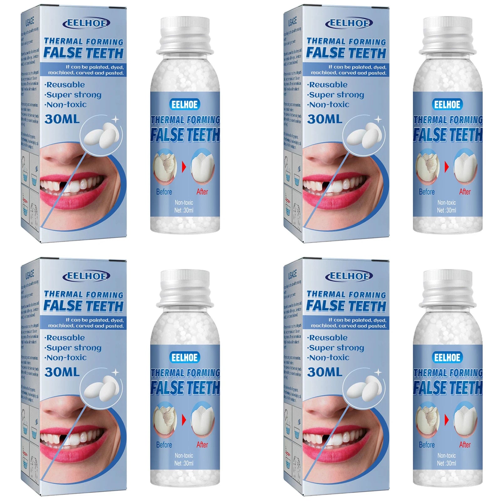 Thermal Forming False Teeth Quickly Filling Gap Between Teeth Avoid Dust Bacteria High Wear Resistance Shapeable Dental Adhesive Peaceful Pleasures Health and Wellness 4 x 30ml Boxed