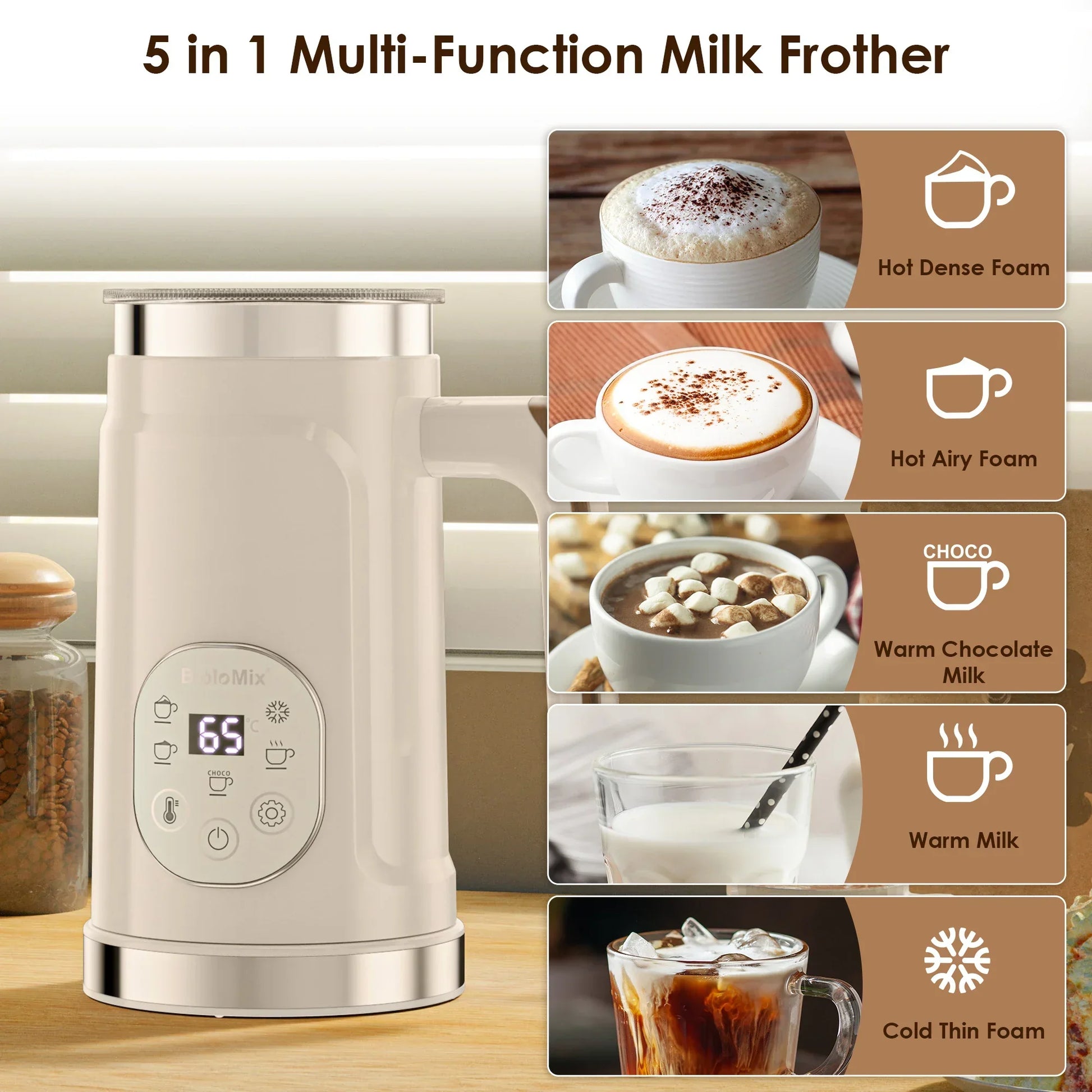 BioloMix 5-in-1 LED Touch Screen Milk Frother – Hot & Cold Foam Maker Peaceful Pleasures Health and Wellness