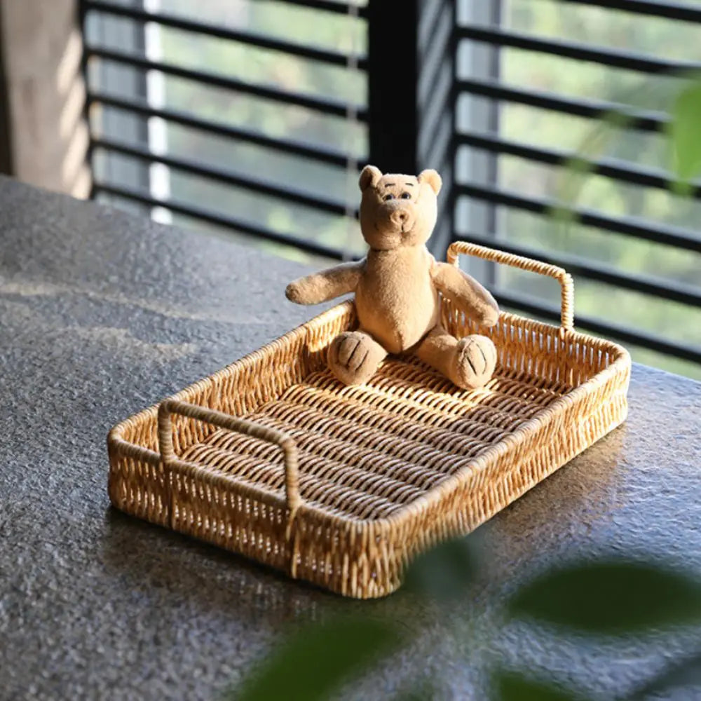 Wicker-Woven Plastic Serving Tray with Handles | 2 Sizes