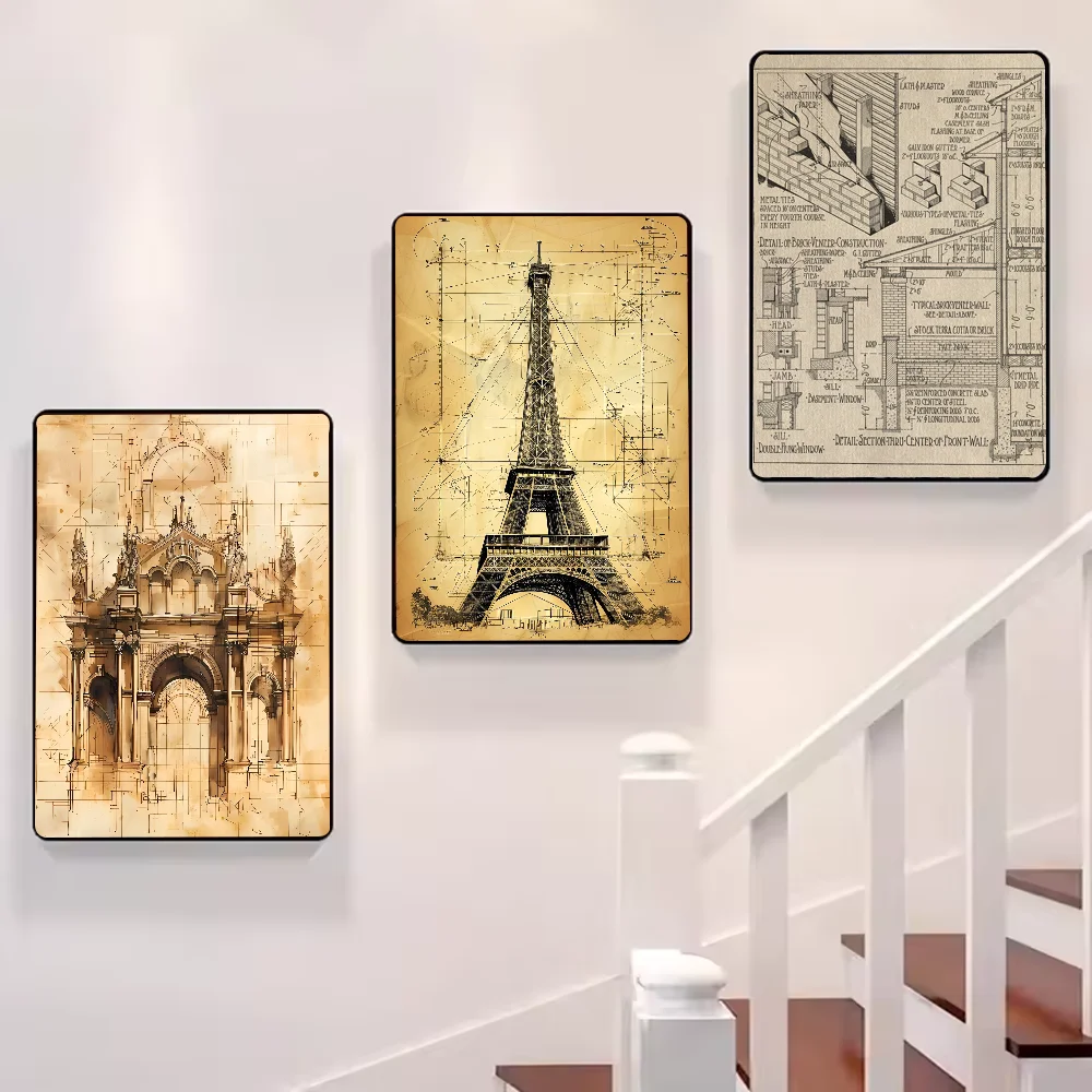 Vintage Architecture Drawings Wall Poster | Waterproof PVC Art Wall Art Poster Peaceful Pleasures Health and Wellness