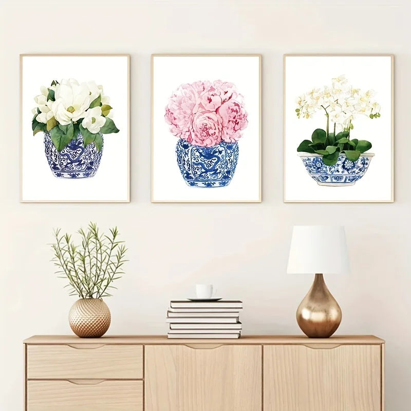 3-Piece Chinoiserie Canvas Print | Blue White Orchid Wall Art Canvas Wall Art Peaceful Pleasures Health and Wellness