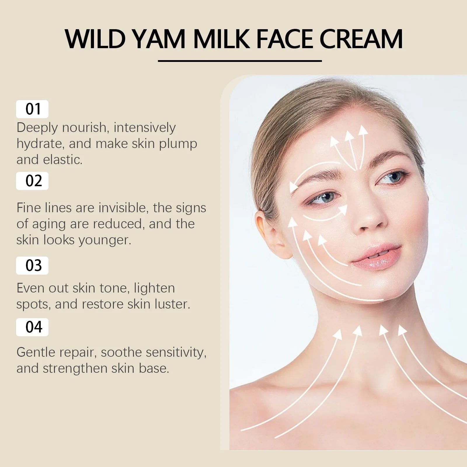 Advertisement for Wild Yam Milk Face Cream with a woman's face and text about product benefits.