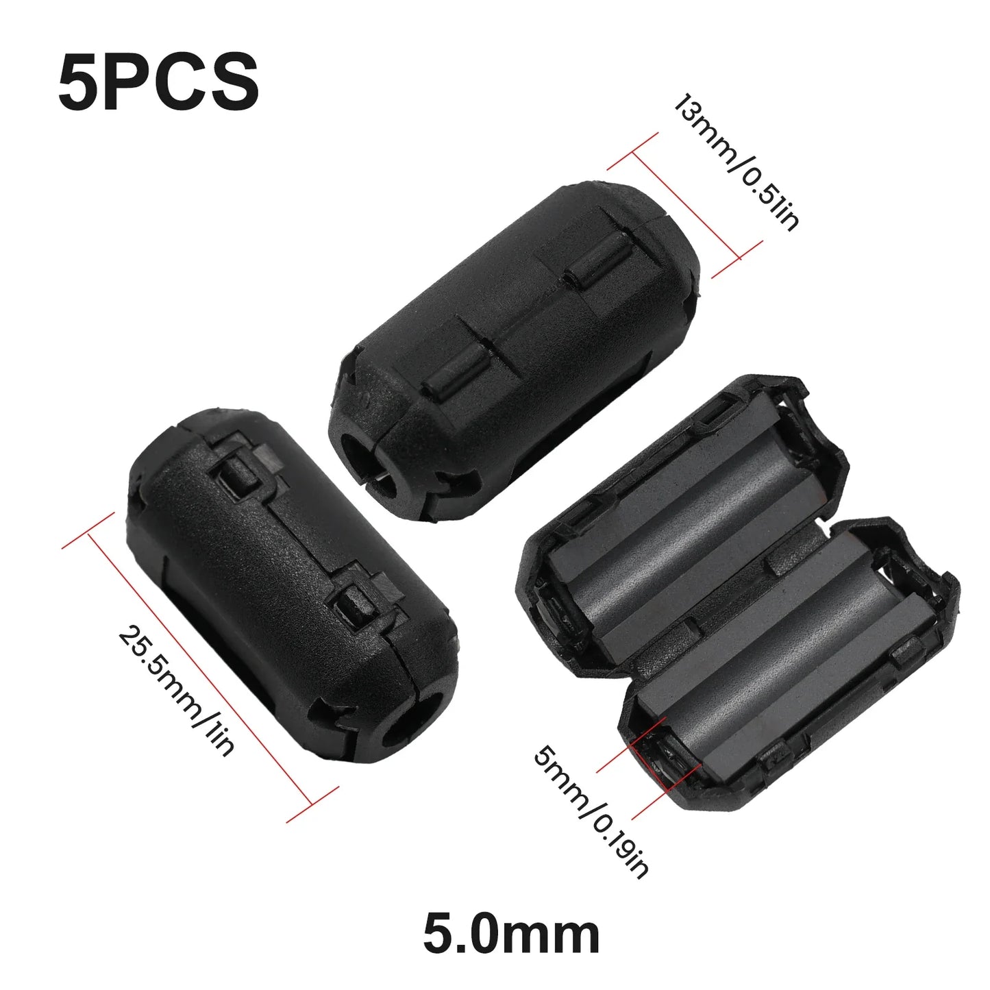 5-Pack Clip-On Ferrite Bead EMI RFI Noise Filter | 5 Sizes