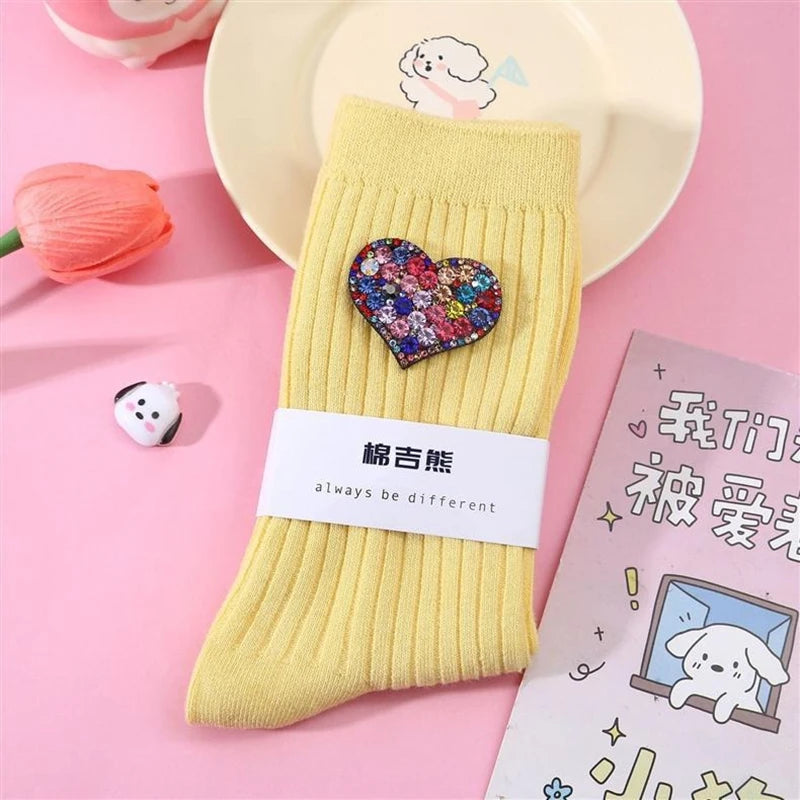 Diamond Heart-Shaped Decorative Socks, Fashionable Diamond Sparkling Women's Socks, Comfortable And Breathable Christmas Socks Peaceful Pleasures Health and Wellness YELLOW One Size