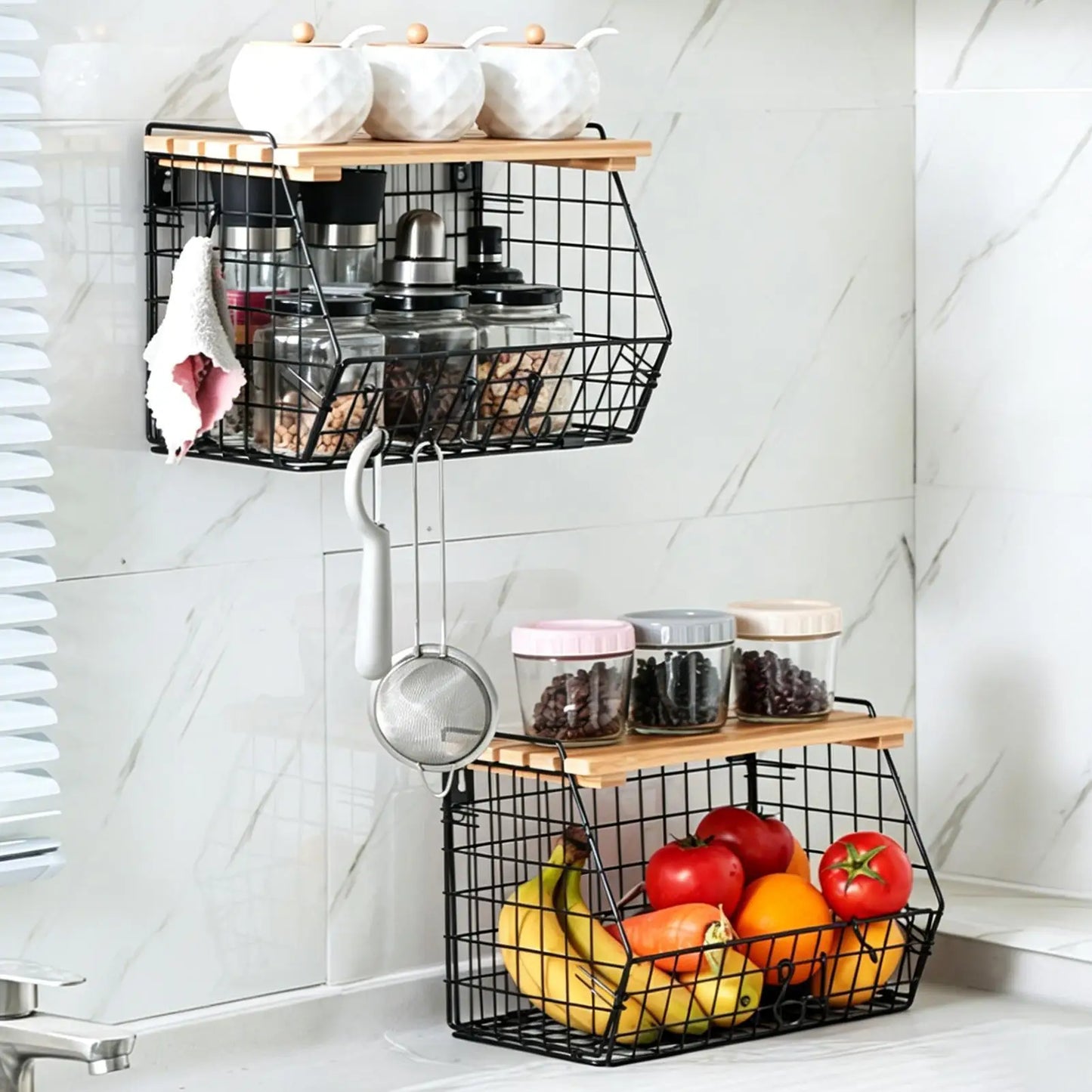 Stackable Wall-Mounted Wire Basket with Wood Lid | Kitchen Organizer Wire Storage Basket Peaceful Pleasures Health and Wellness China Mainland