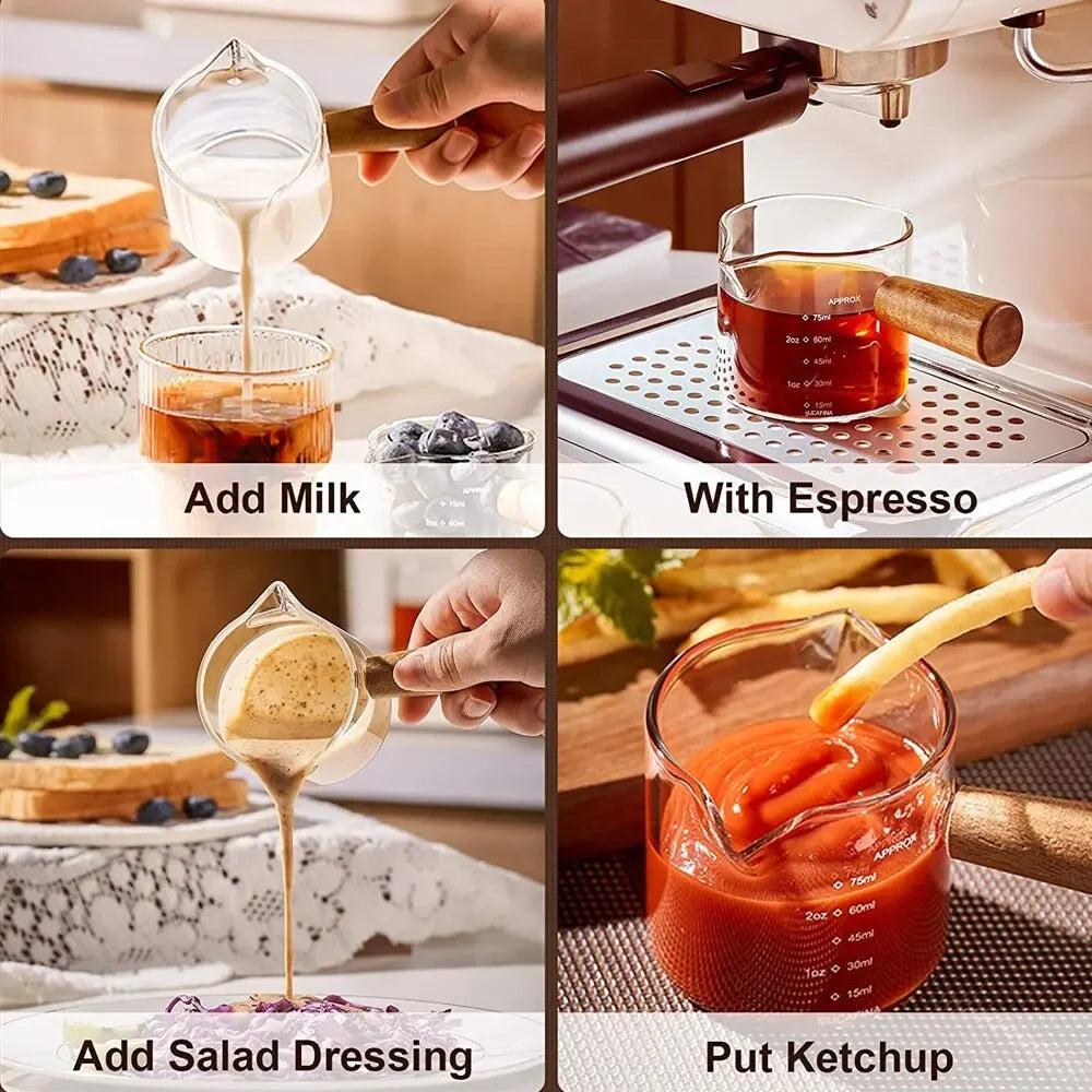 1pc Glass Measuring Cup Wood Handle Glass Espresso Measuring Cup Double Single Mouth Milk Coffee Clear Mug Coffee Supplies Peaceful Pleasures Health and Wellness