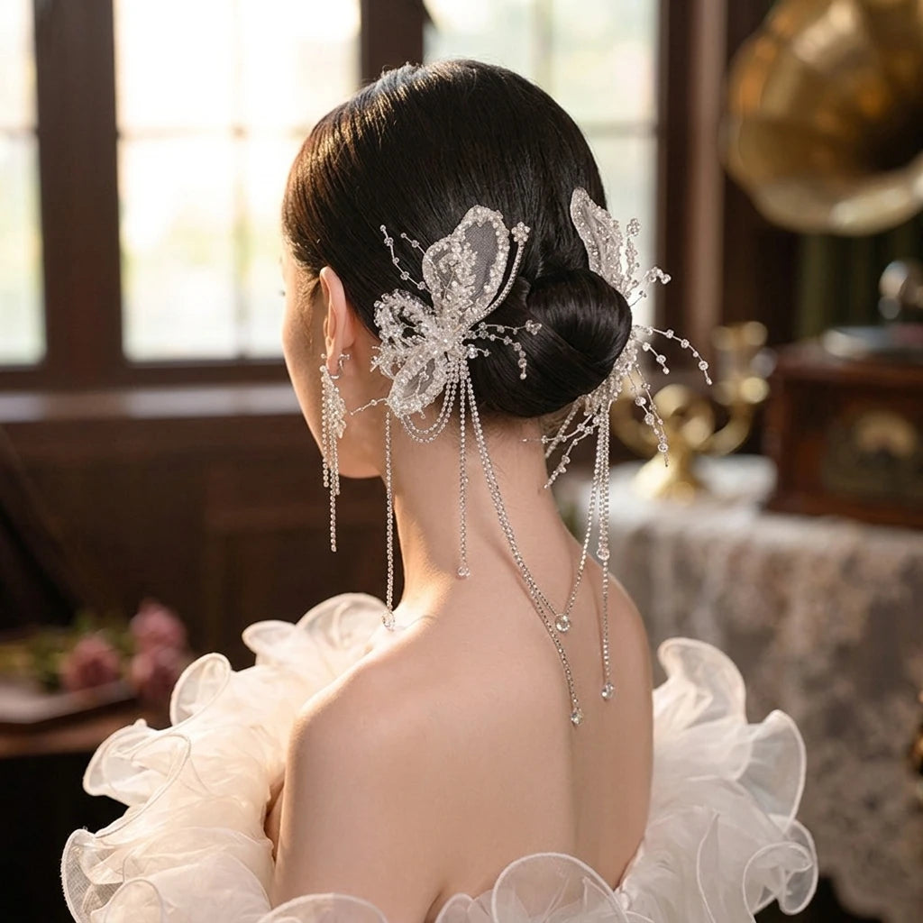 Korean Bridal Crystal Veil Bows Hair Clip With Tassels For Wedding Ceremony Peaceful Pleasures Health and Wellness