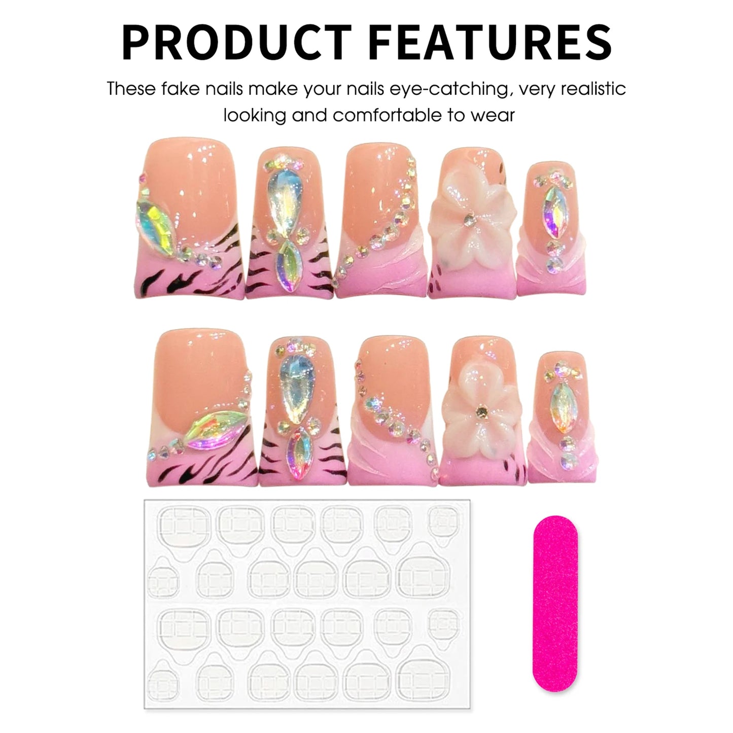 Handmade Press On Nails Short Duckbill Fake Nails With Pink Gradient Tiger Pattern Wearable 3D Flower Diamond False Nails 10pcs Peaceful Pleasures Health and Wellness