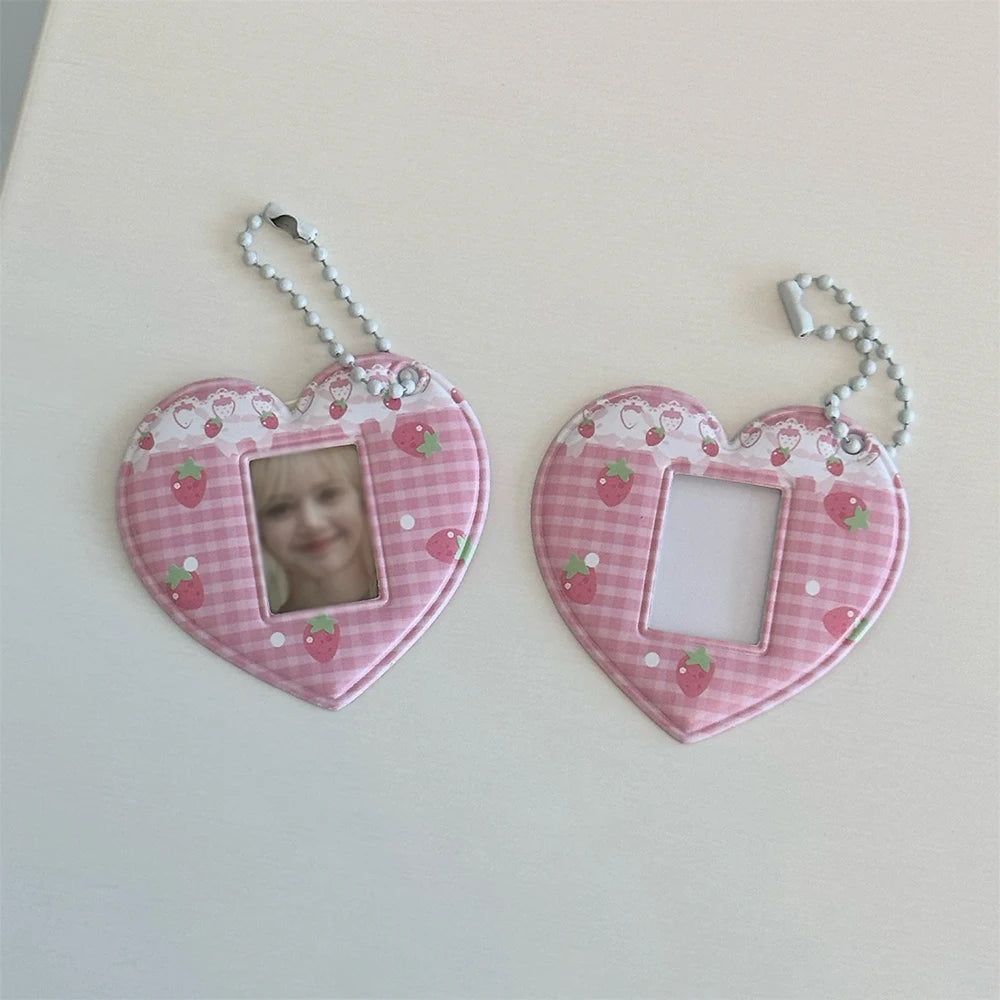 Pink Grid Strawberry Love Card Holder 1-inch ID Photo Bag Pendant