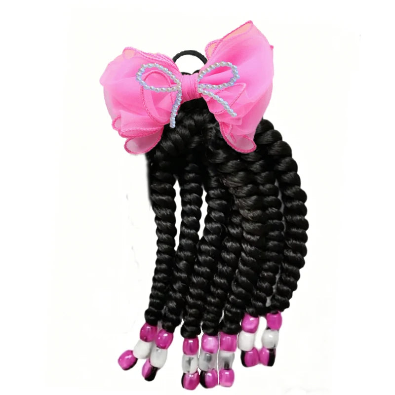 2pcs Toddler Girls Braided Wig Hair Extensions, Beaded Elastic Ponytail Holders,Organza Pearl Bow Clip, Princess Hair Ornaments Peaceful Pleasures Health and Wellness bow ponytail 1