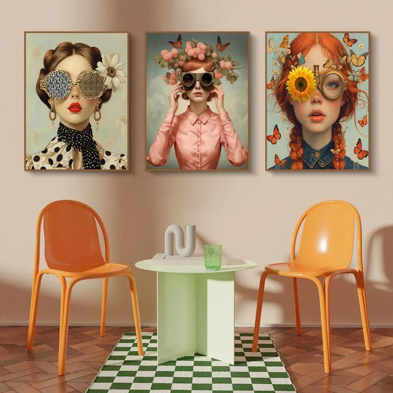 3pcs Nordic Boho Fashion Glasses Woman with Flowers Wall Art Canvas Painting Butterfly Girl Portrait Poster Prints Mural Picture Peaceful Pleasures Health and Wellness
