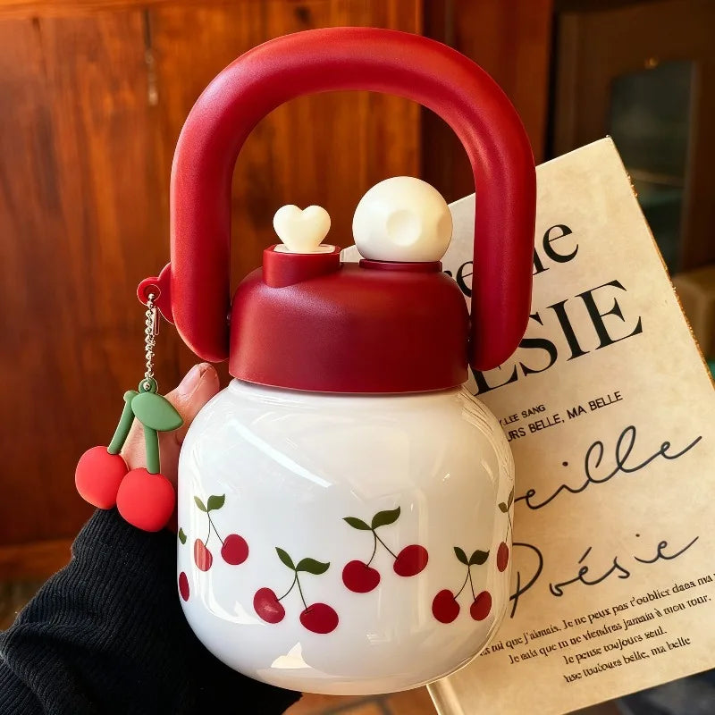 New Cute Water Bottle with Decoration, Dual Straws Design, Anti-Lipstick Stain, Detachable Travel Strap Durable Plastic Material Peaceful Pleasures Health and Wellness