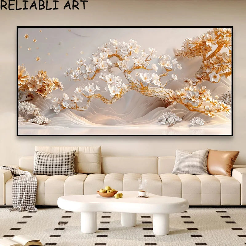 3D Golden White Flower Tree Poster and Prints Light Luxury Canvas Painting Wall Art Pictures for Living Room Home Decor No Frame Peaceful Pleasures Health and Wellness flower 24 7-25-12 20x40cm